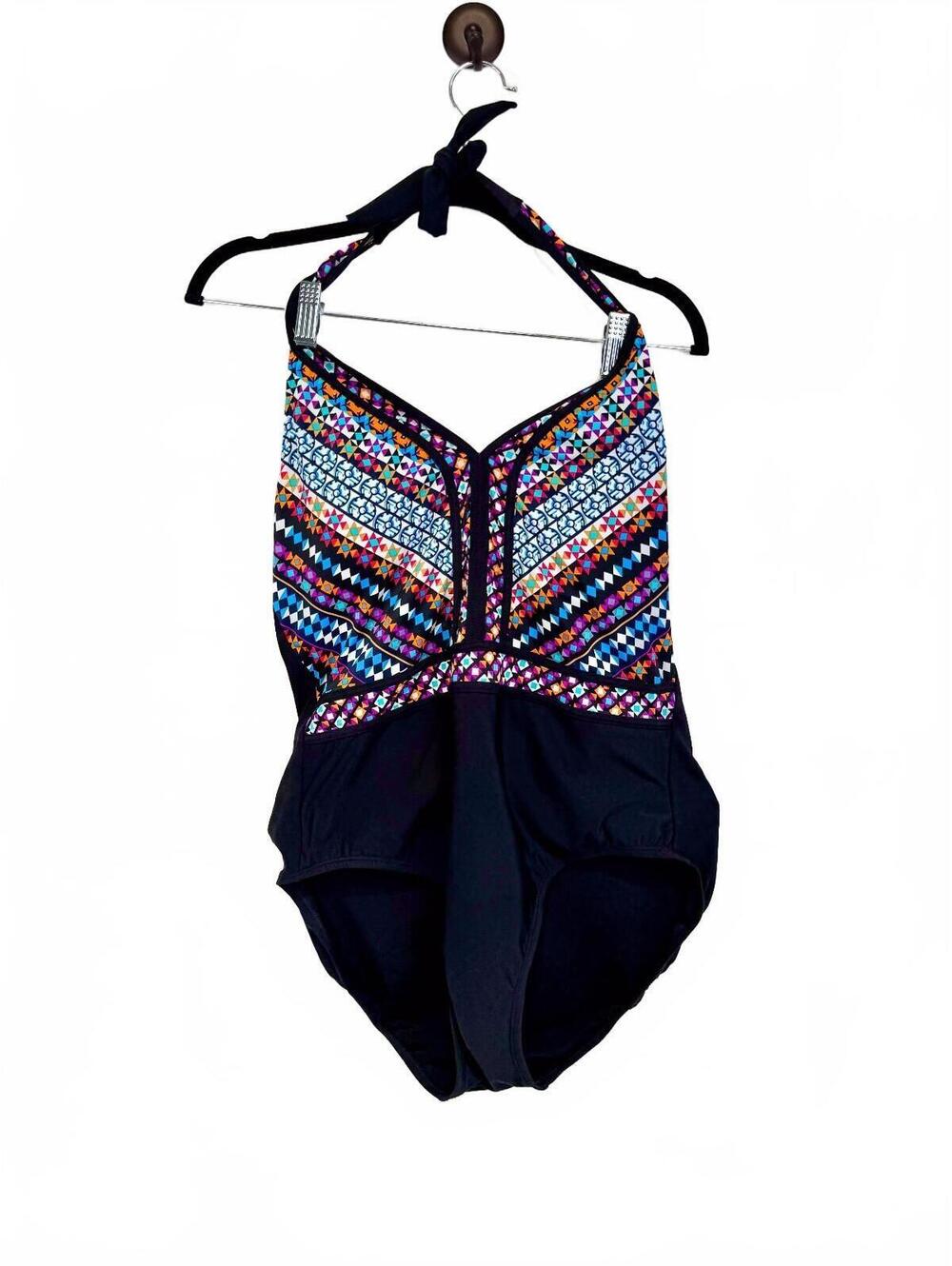 Aqua Green Women's One Piece Swimsuit w/ Colorful Geometric Pattern Size XL NEW